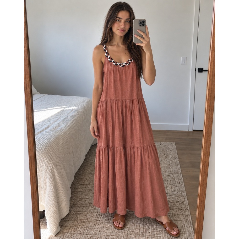 Marine Layer Maxi Dress S Rust Cotton Braided Strap Tiered Boho Coastal Earthy